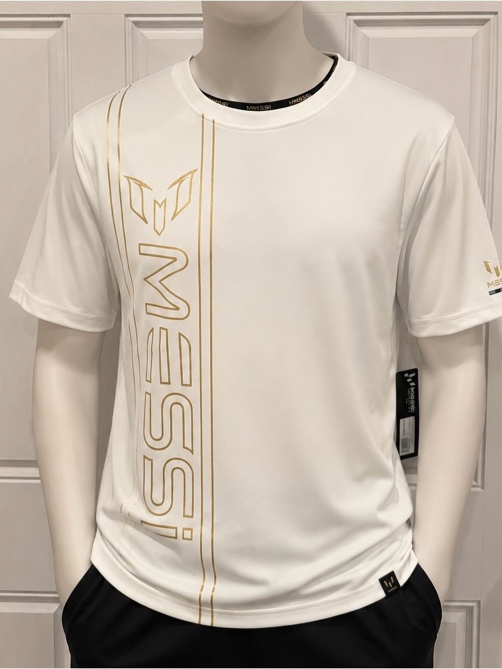 Messi Men's Short Sleeve Logo Tee in White with Gold Accents